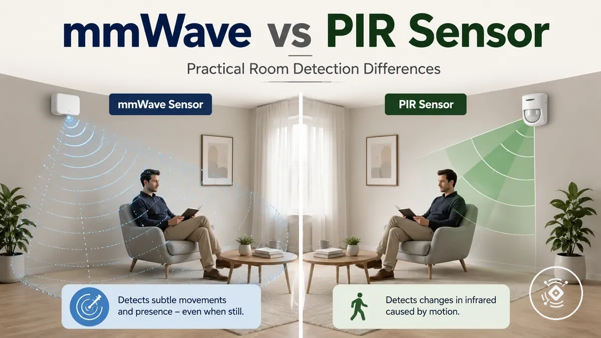 Side-by-side comparison of a mmWave presence sensor and a PIR sensor for room occupancy detection