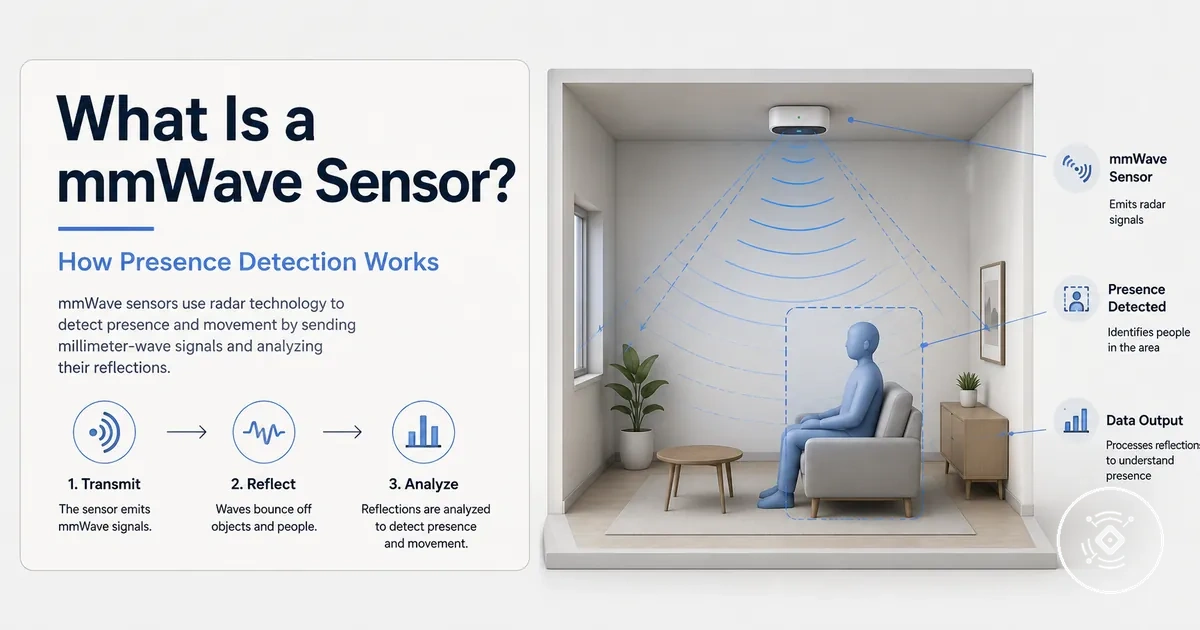 A mmWave presence sensor diagram showing radar-based human presence detection in a room