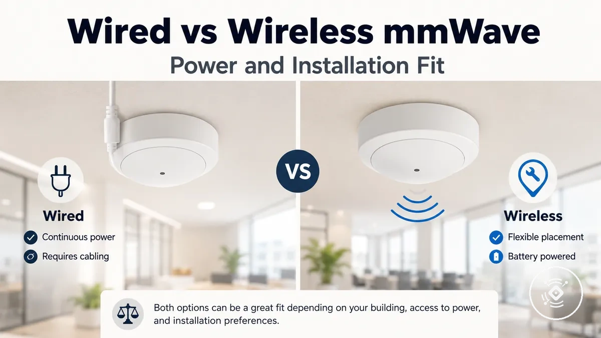 Comparison of wired and wireless mmWave presence sensors with power and installation cues