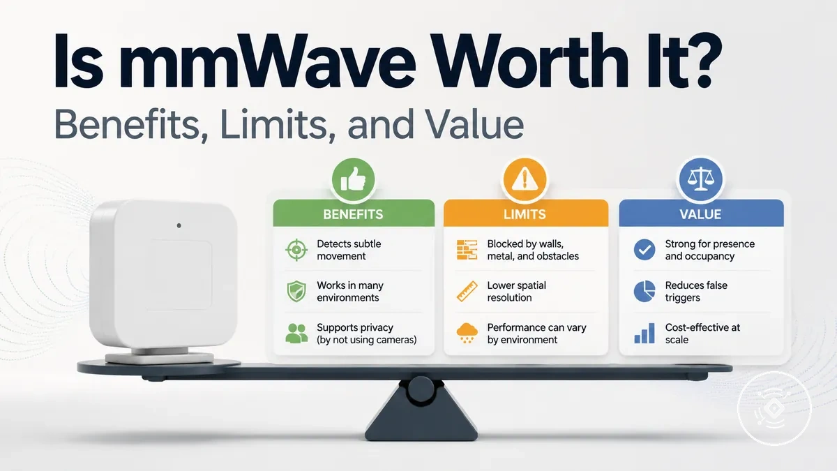 A decision graphic weighing the benefits, limits, and value of a mmWave presence sensor