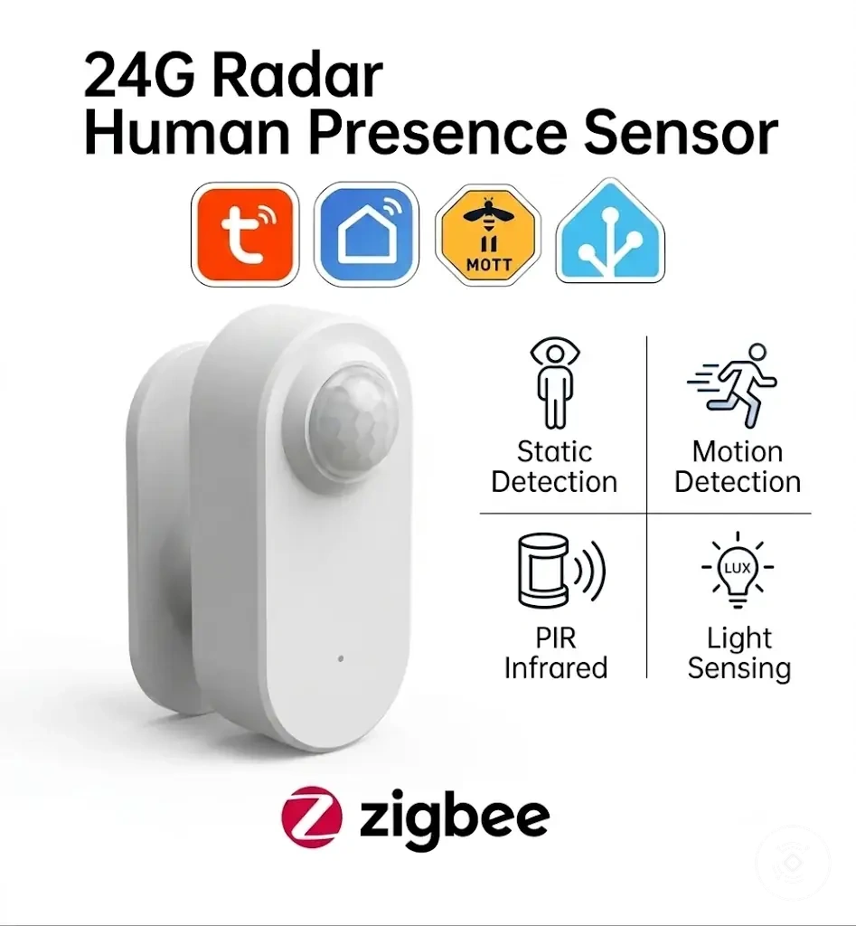 Sensor Zigbee de presencia mmWave 24G con batería, PIR y detección de luminancia