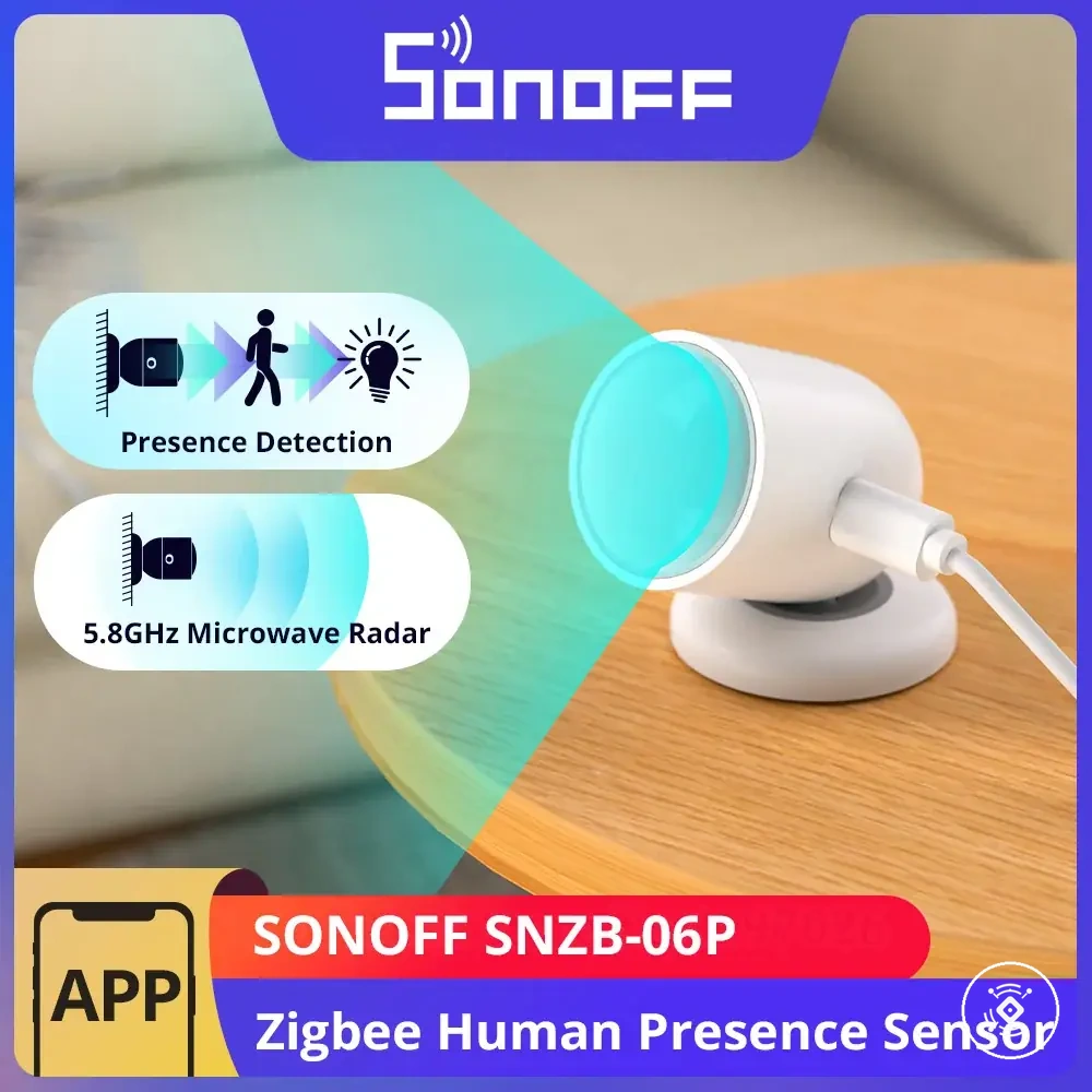 Sensor Zigbee de presencia humana con detección de luz mostrado como dispositivo radar para casa inteligente