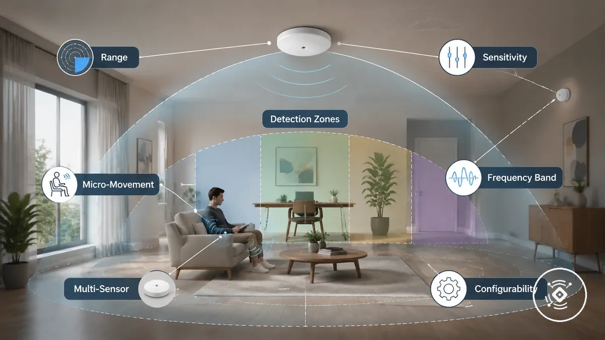 Diagrama que muestra las características de detección principales que afectan el rendimiento del sensor de presencia mmWave