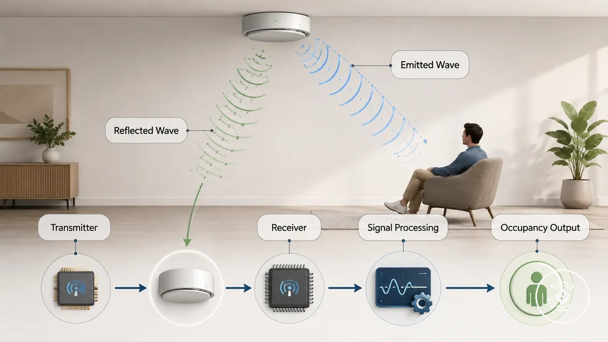 Diagrama de proceso que muestra cómo el radar mmWave detecta la presencia humana mediante señales reflejadas.