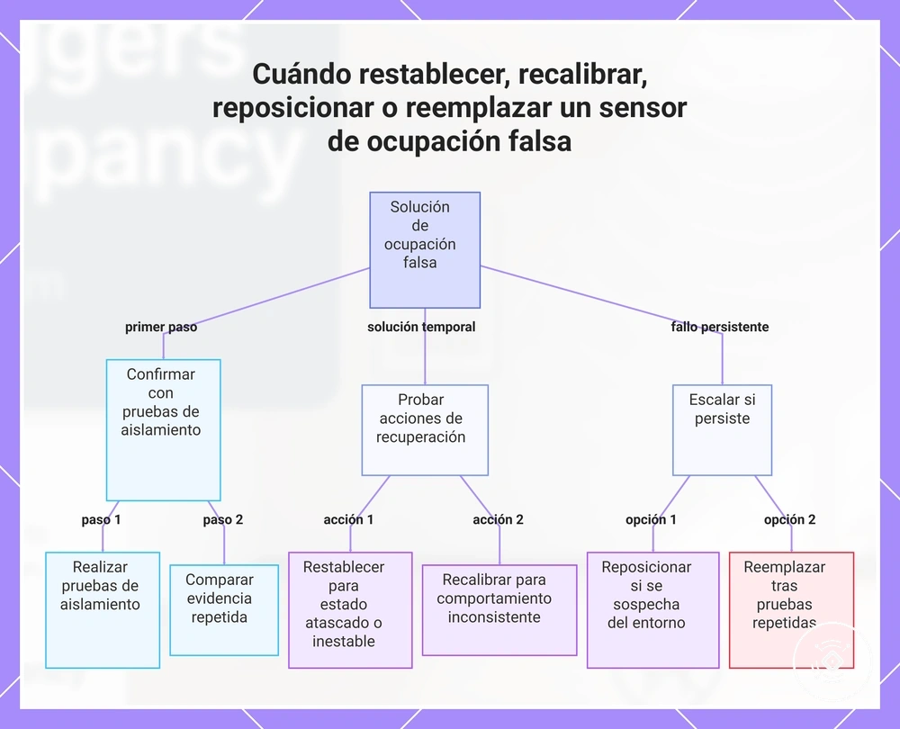 Cuándo restablecer, recalibrar, reposicionar o reemplazar un sensor de ocupación falsa