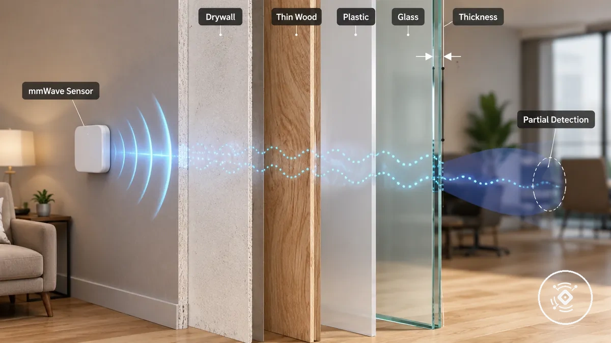 Ejemplo anotado de materiales no metálicos delgados que afectan la detección del sensor mmWave