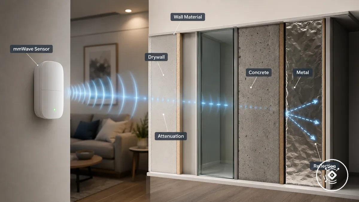 Gráfico comparativo que muestra cómo los materiales de pared comunes afectan la detección del sensor mmWave