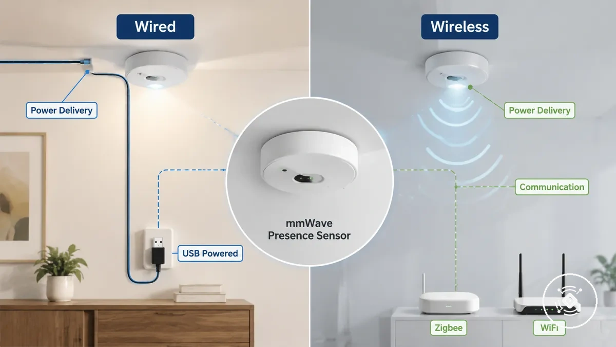 Sensores de presencia mmWave cableados e inalámbricos que muestran diferentes vías de alimentación y comunicación