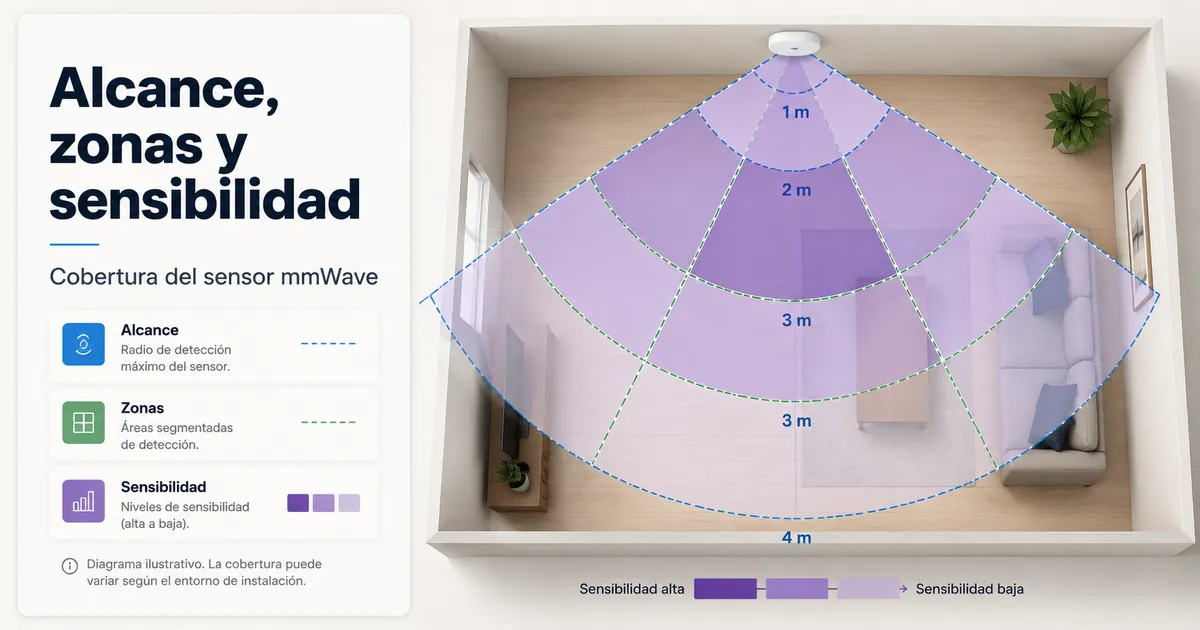 Diagrama de cobertura de un sensor de presencia mmWave con alcance, zonas y áreas de sensibilidad