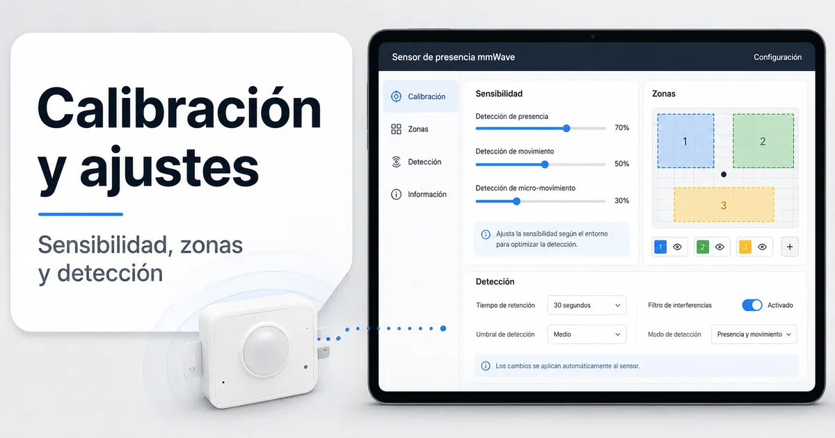 Pantalla de calibración de un sensor de presencia mmWave con ajustes de sensibilidad, zonas y detección
