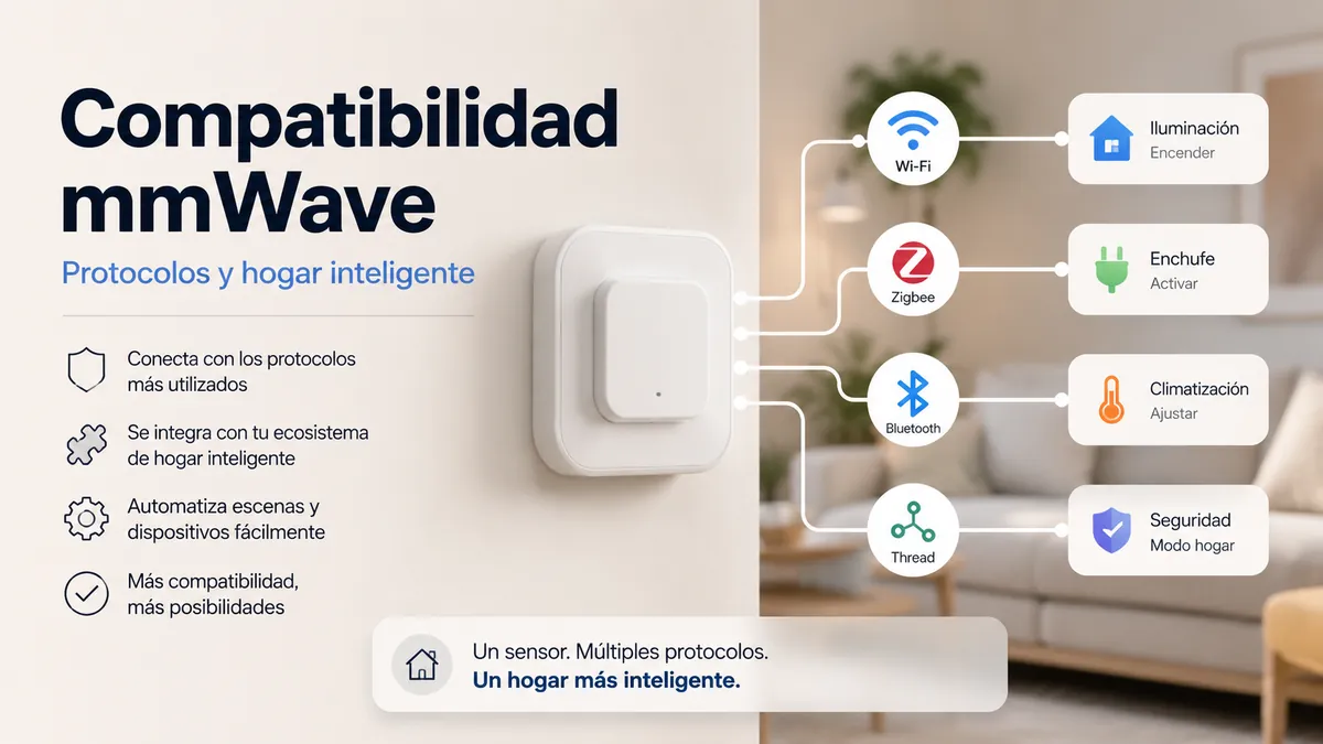 Sensor de presencia mmWave conectado a iconos de protocolos domóticos y controles de automatización