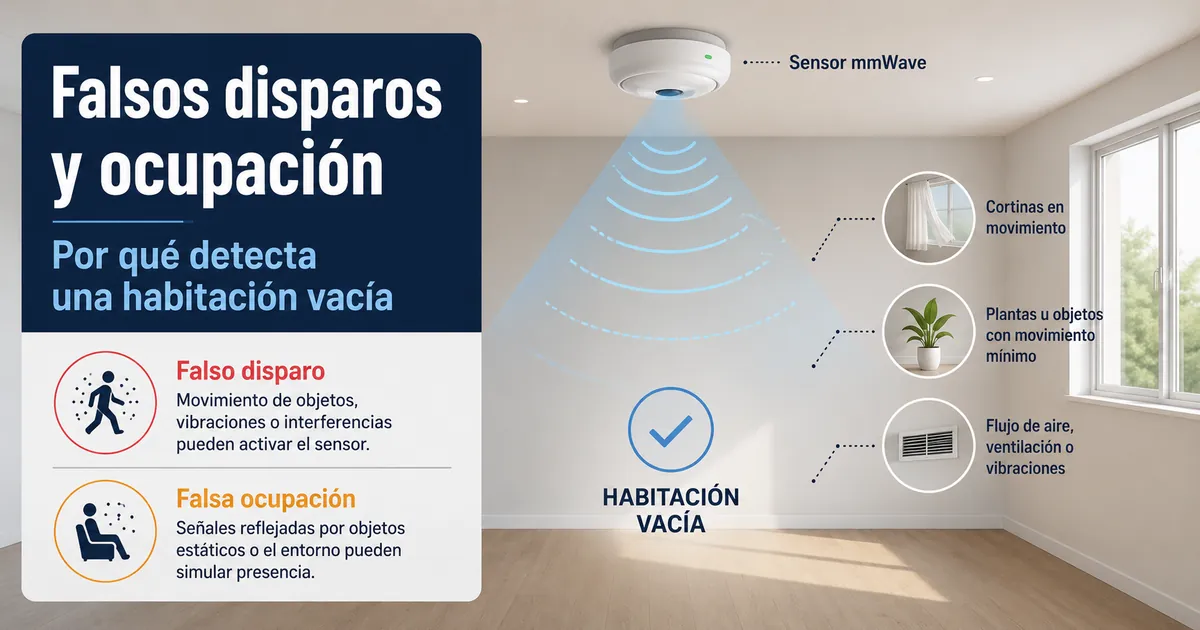 Sensor de presencia mmWave detectando una habitación vacía con indicadores de falso disparo y falsa ocupación