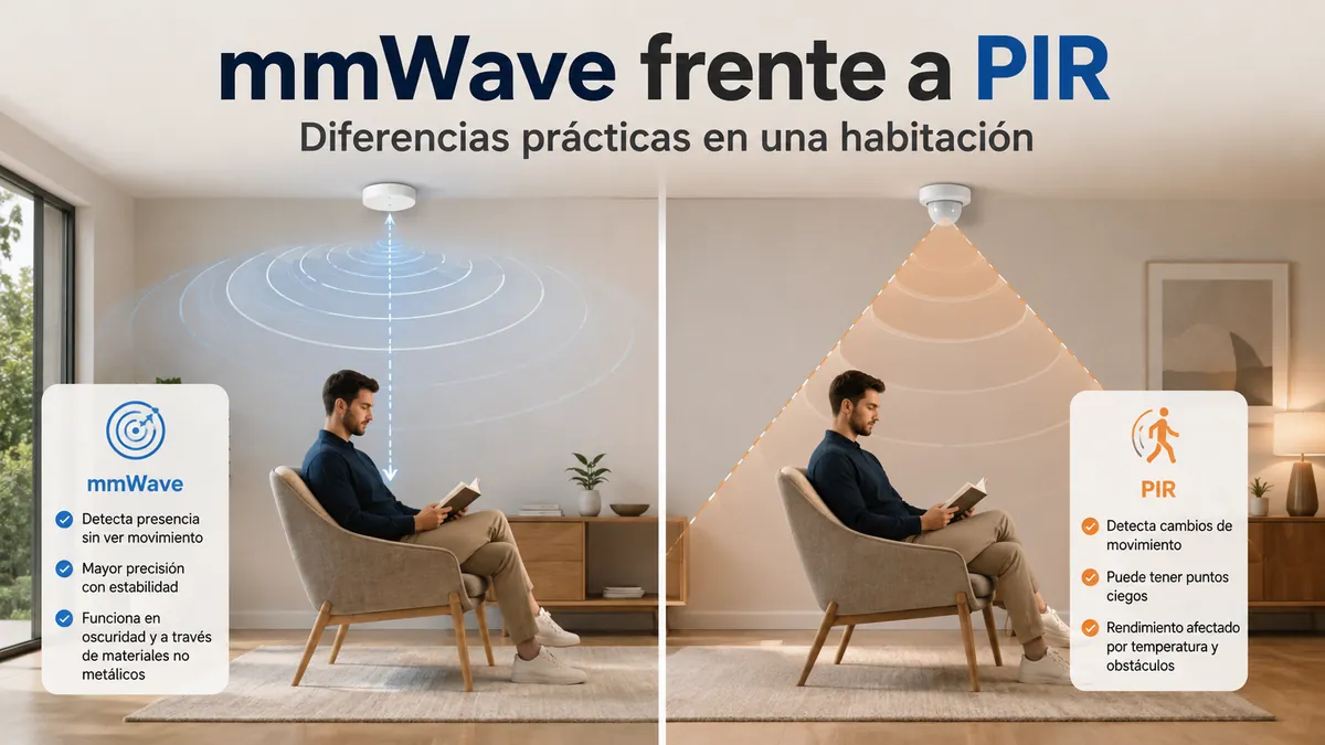 Comparación lado a lado de un sensor de presencia mmWave y un sensor PIR para detectar ocupación en una habitación