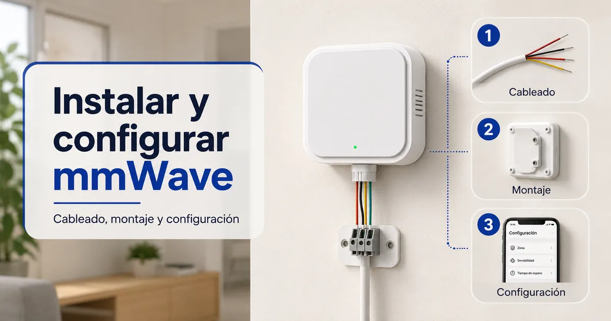 Vista de instalación de un sensor de presencia mmWave con cableado, montaje y pasos de configuración