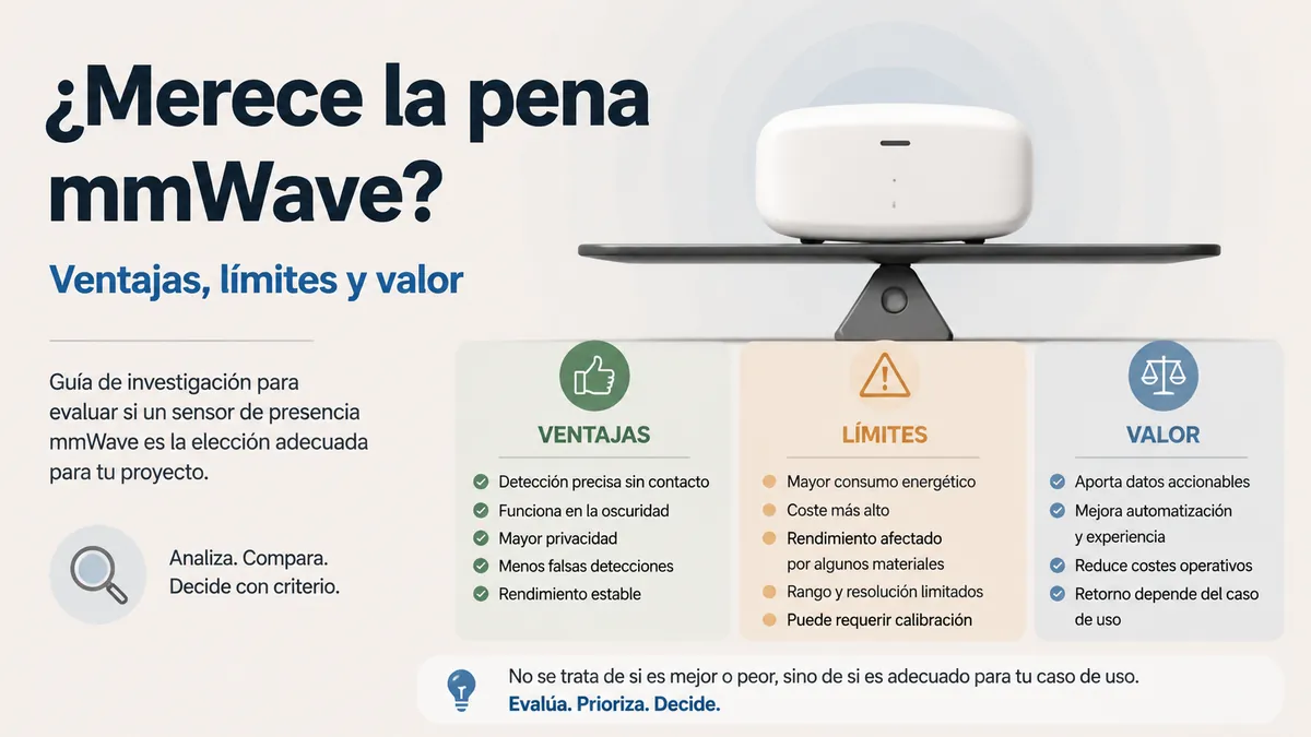 Gráfico de decisión que compara ventajas, límites y valor de un sensor de presencia mmWave