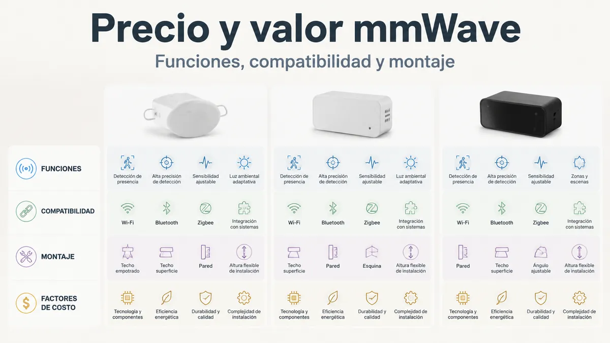 Comparación de valor de un sensor de presencia mmWave con funciones, compatibilidad, tipo de montaje y factores de coste