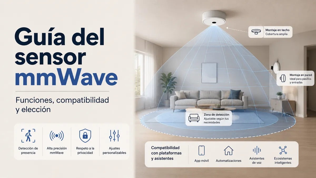 Sensor de presencia mmWave con zonas de detección, compatibilidad domótica y referencias de ubicación en una estancia