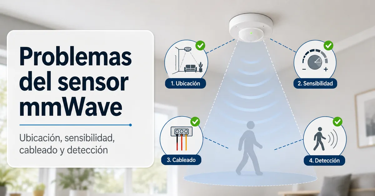 Diagrama de solución de problemas de un sensor de presencia mmWave con comprobaciones de ubicación, sensibilidad, cableado y detección