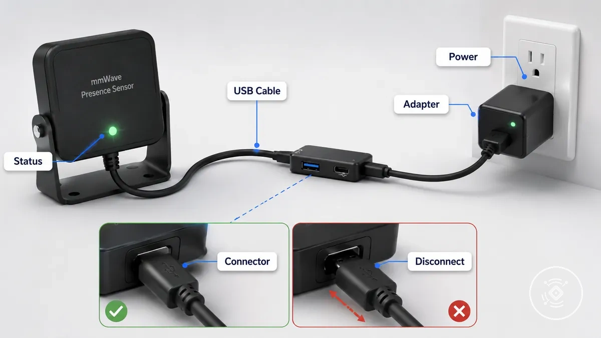 Vérifications de l alimentation du câble et du connecteur du capteur de présence mmWave