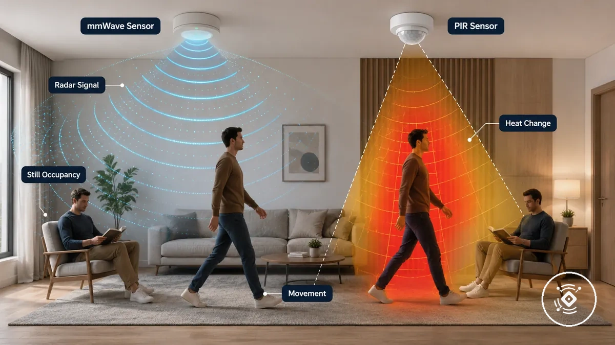 Diagramme comparant la façon dont un capteur mmWave et un capteur PIR détectent la présence dans une pièce