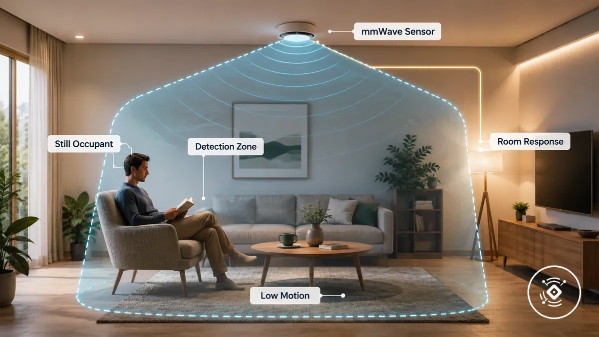 Capteur mmWave détectant un occupant assis avec une zone de détection et une réponse de la pièce