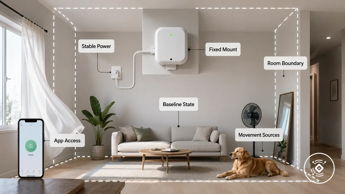Prérequis de calibrage pour un capteur de présence mmWave montrant le placement, la configuration, les limites de la pièce et les vérifications d accès à l application