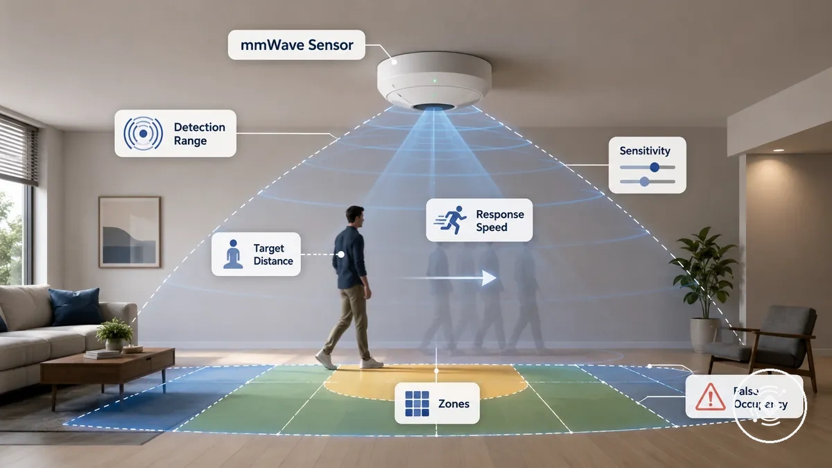 Diagramme montrant un capteur de présence mmWave avec des critères de performance de détection incluant la portée, les zones et la sensibilité