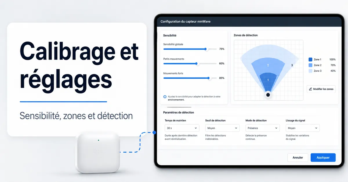 Écran de calibrage d’un capteur de présence mmWave avec réglages de sensibilité, de zones et de détection