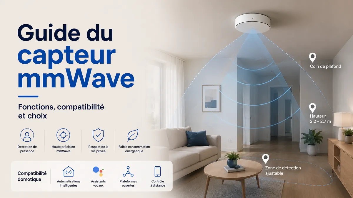Capteur de présence mmWave avec zones de détection, compatibilité domotique et repères de placement dans une pièce