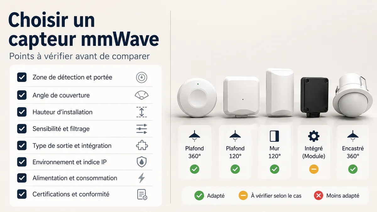 Liste de vérification à côté de différents formats de capteurs de présence mmWave et d’étiquettes de compatibilité