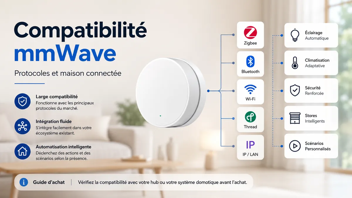 Capteur de présence mmWave connecté à des icônes de protocoles domotiques et à des contrôles d’automatisation