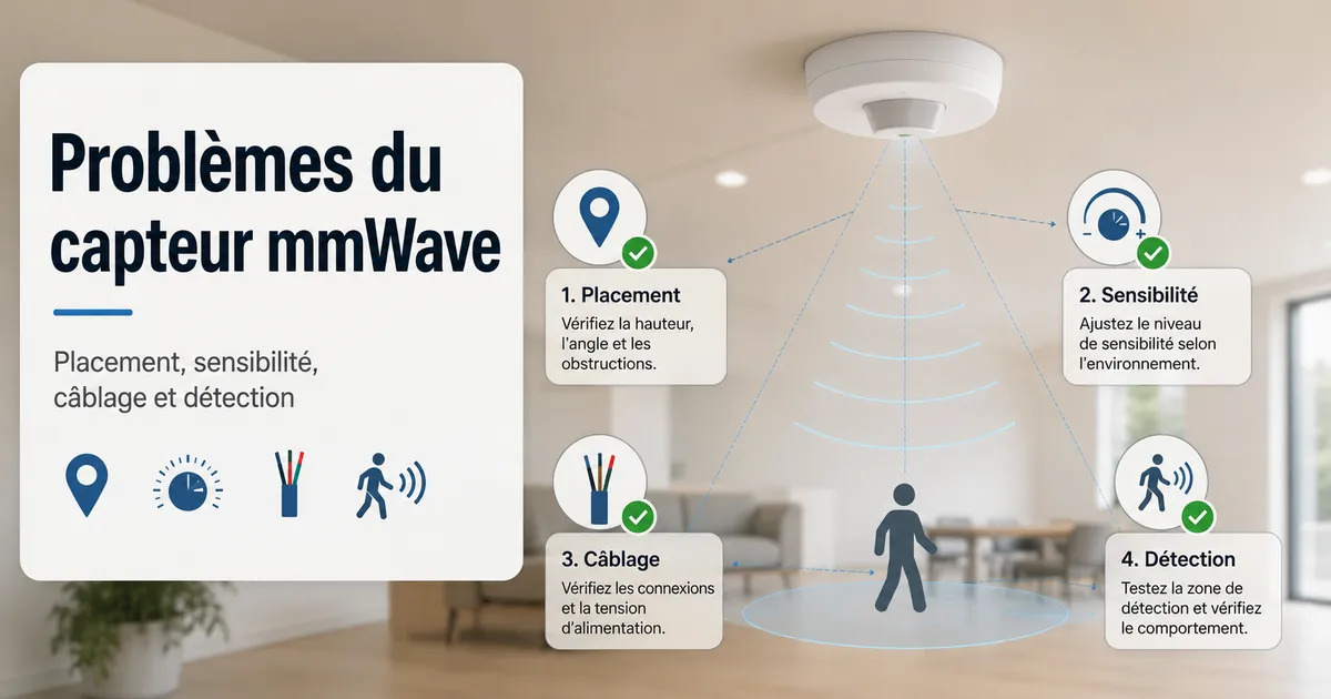 Schéma de dépannage d’un capteur de présence mmWave avec contrôles du placement, de la sensibilité, du câblage et de la détection