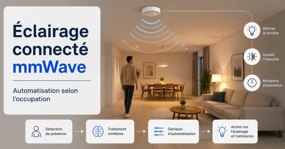 Capteur de présence mmWave contrôlant l’éclairage connecté et l’automatisation d’une pièce selon l’occupation