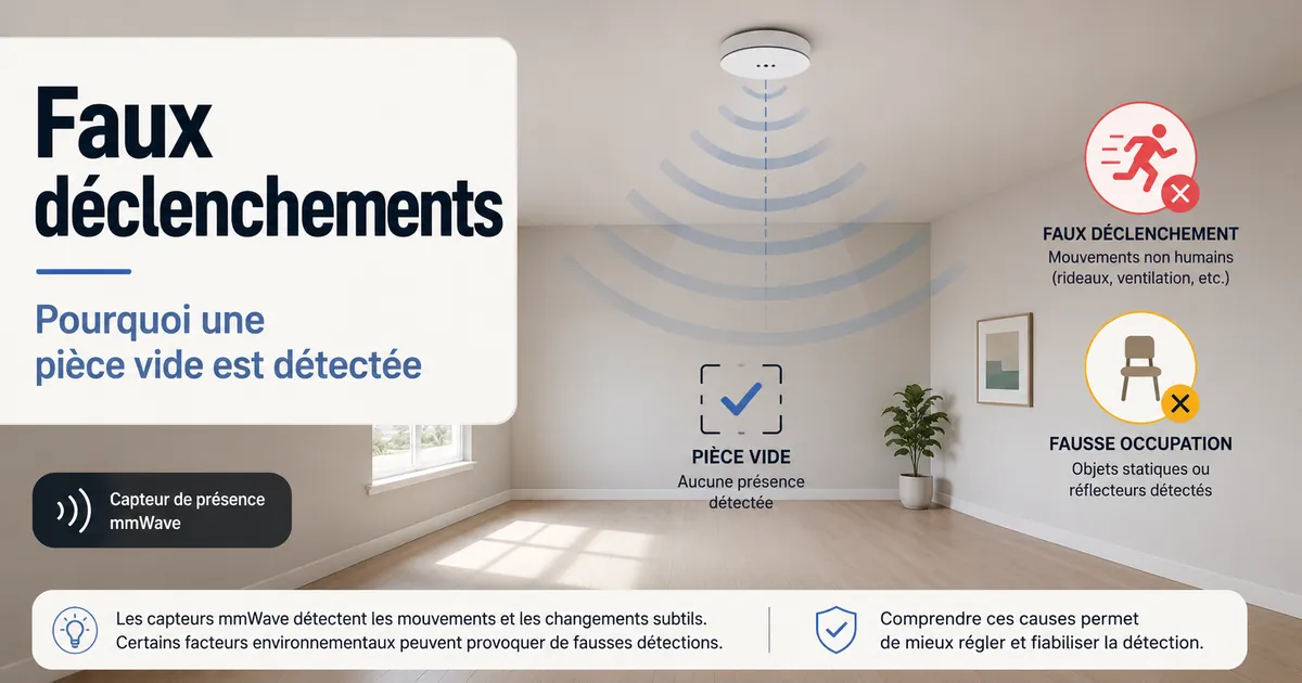 Capteur de présence mmWave détectant une pièce vide avec indicateurs de faux déclenchement et de fausse occupation