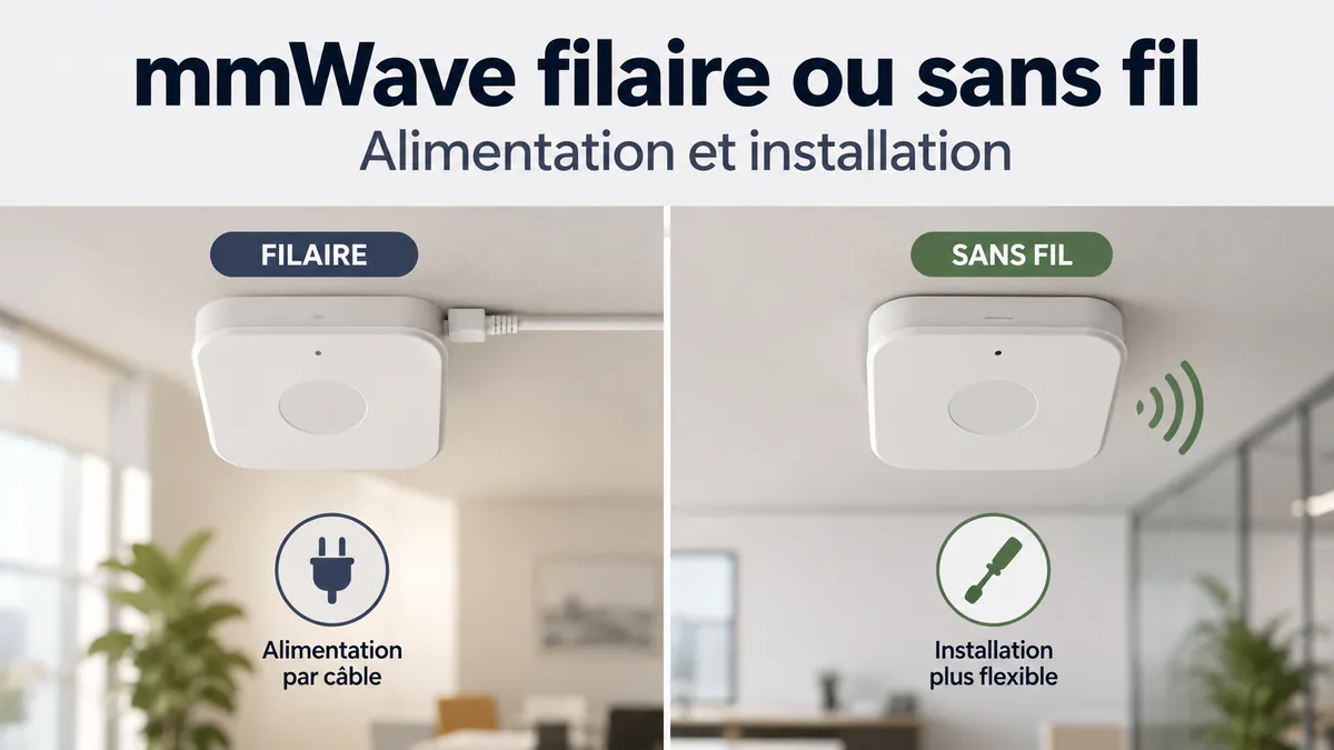 Comparaison de capteurs de présence mmWave filaires et sans fil avec repères d’alimentation et d’installation