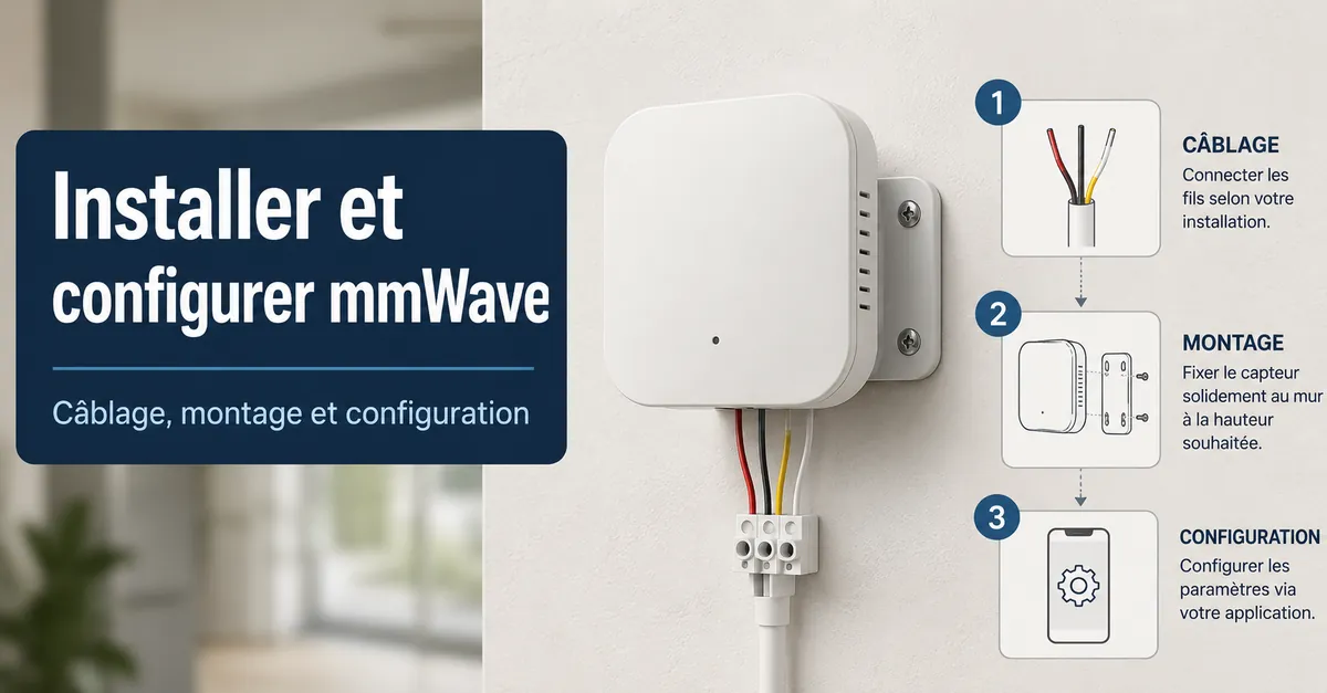 Vue d’installation d’un capteur de présence mmWave avec câblage, montage et étapes de configuration