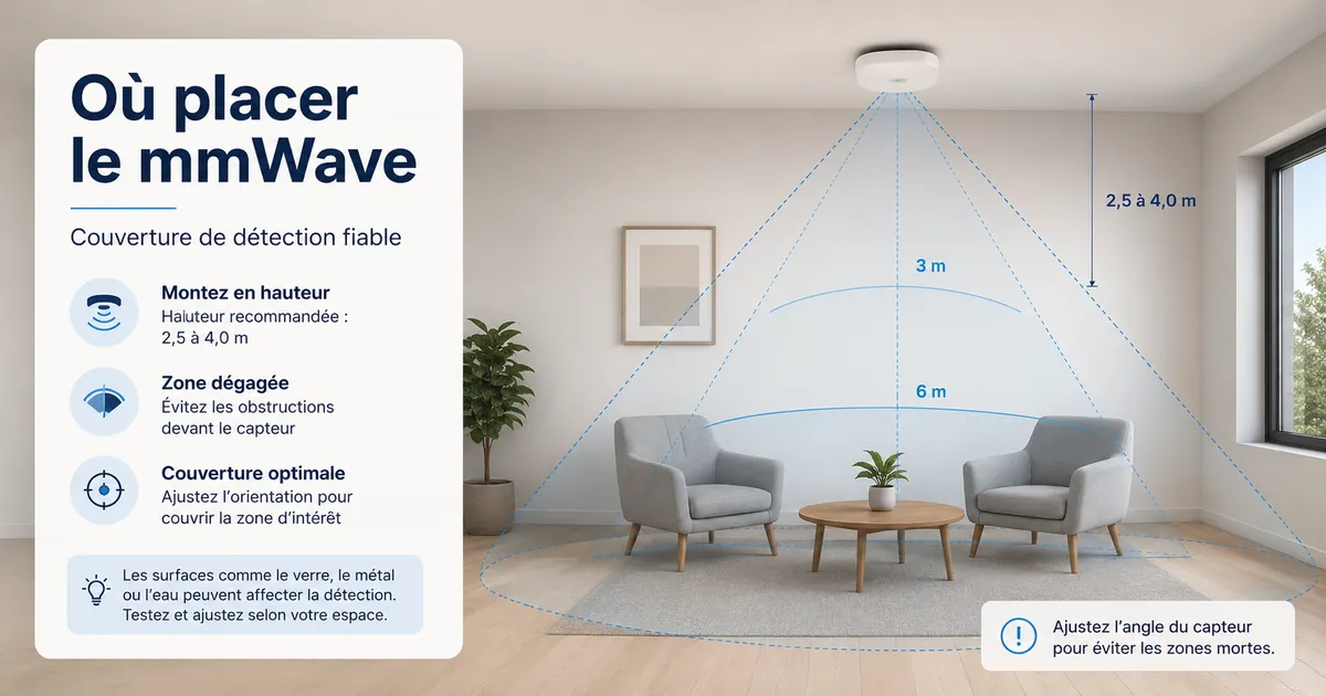 Schéma de pièce montrant un capteur de présence mmWave installé pour une couverture de détection fiable