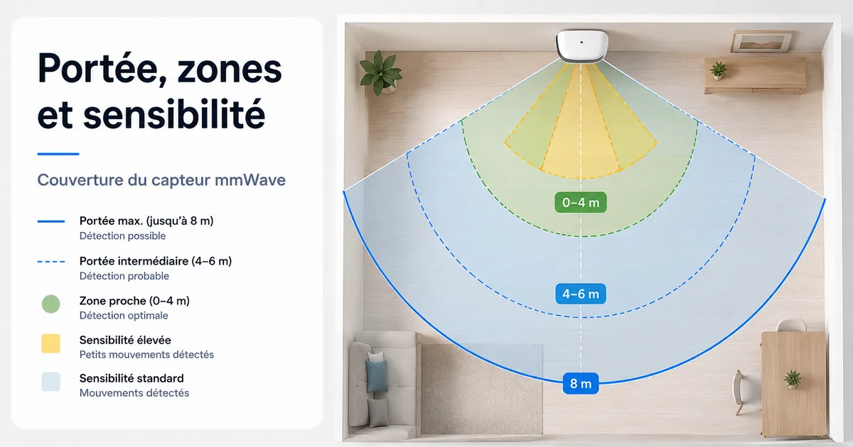 Schéma de couverture d’un capteur de présence mmWave avec portée, zones de détection et zones de sensibilité