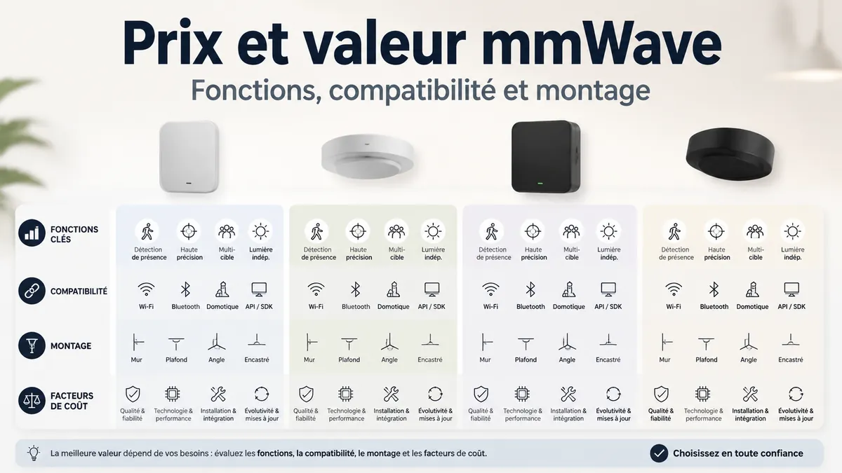 Comparaison de valeur d’un capteur de présence mmWave avec fonctions, compatibilité, type de montage et facteurs de coût