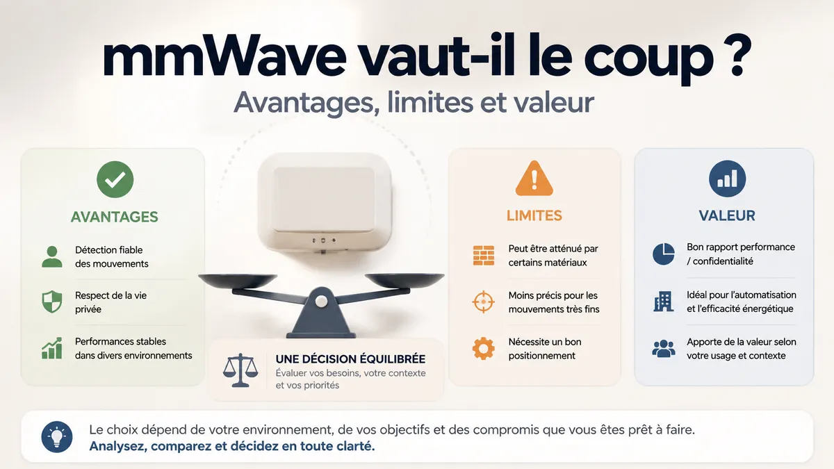 Graphique d’aide à la décision comparant les avantages, les limites et la valeur d’un capteur de présence mmWave