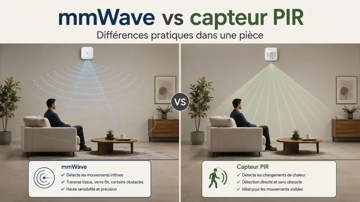 Comparaison côte à côte d’un capteur de présence mmWave et d’un capteur PIR pour détecter l’occupation d’une pièce
