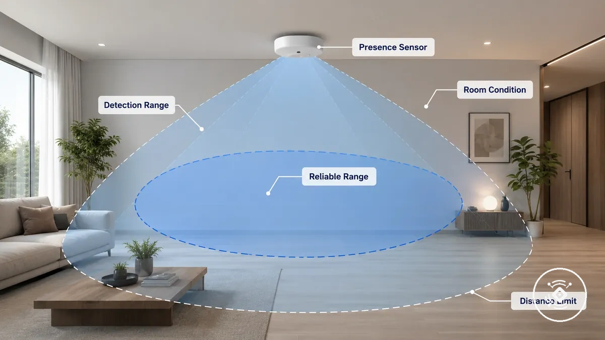 Diagrama do sensor de presença mmWave mostrando alcance de detecção e limites de distância em um ambiente