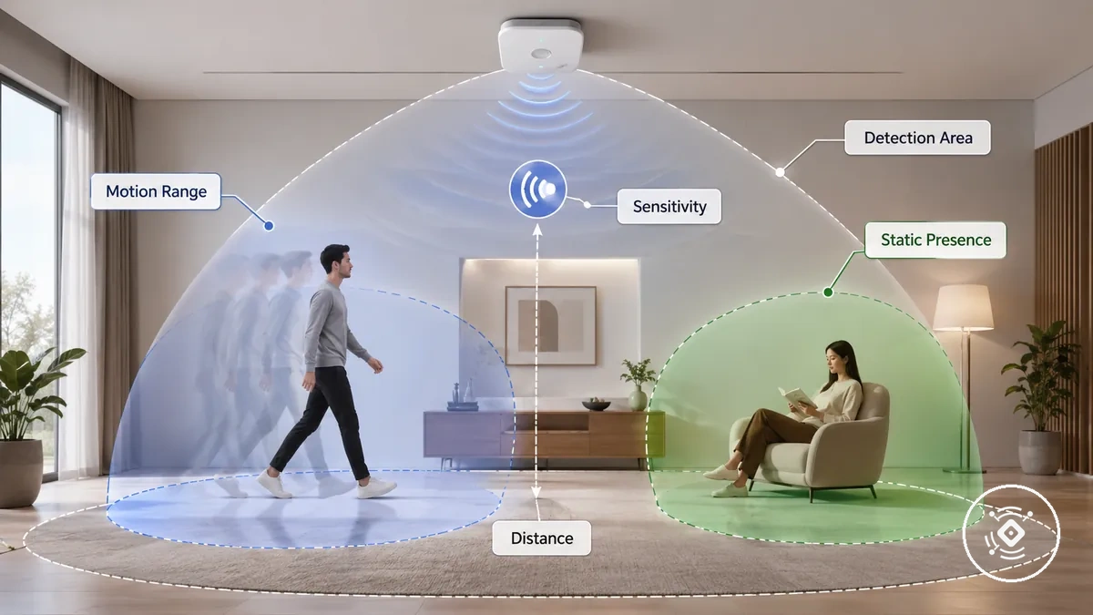 Diagrama do sensor de presença mmWave comparando alcance de movimento e alcance de presença estática em um ambiente