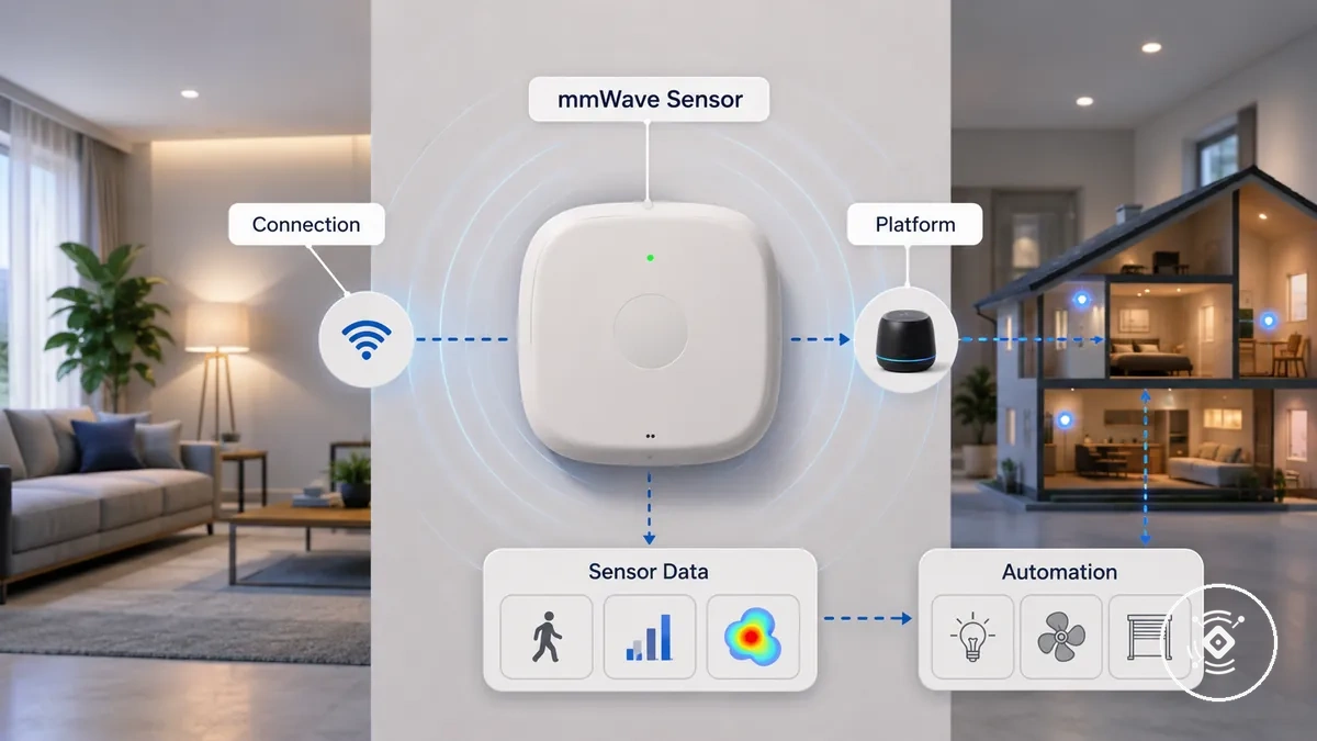 Compatibilidade do sensor de presença mmWave mostrando conexão do sensor com um sistema de casa inteligente