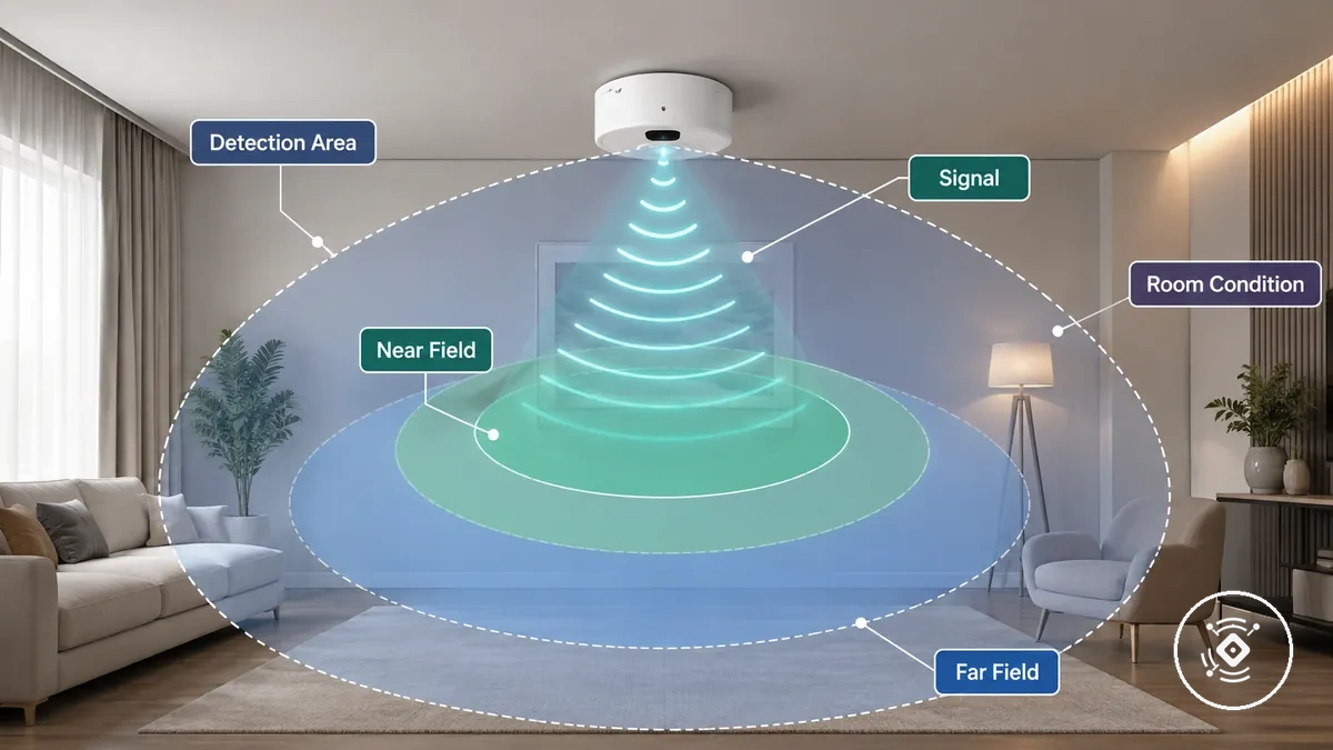 Diagrama do sensor de presença mmWave mostrando o comportamento de detecção em campo próximo e campo distante em um ambiente