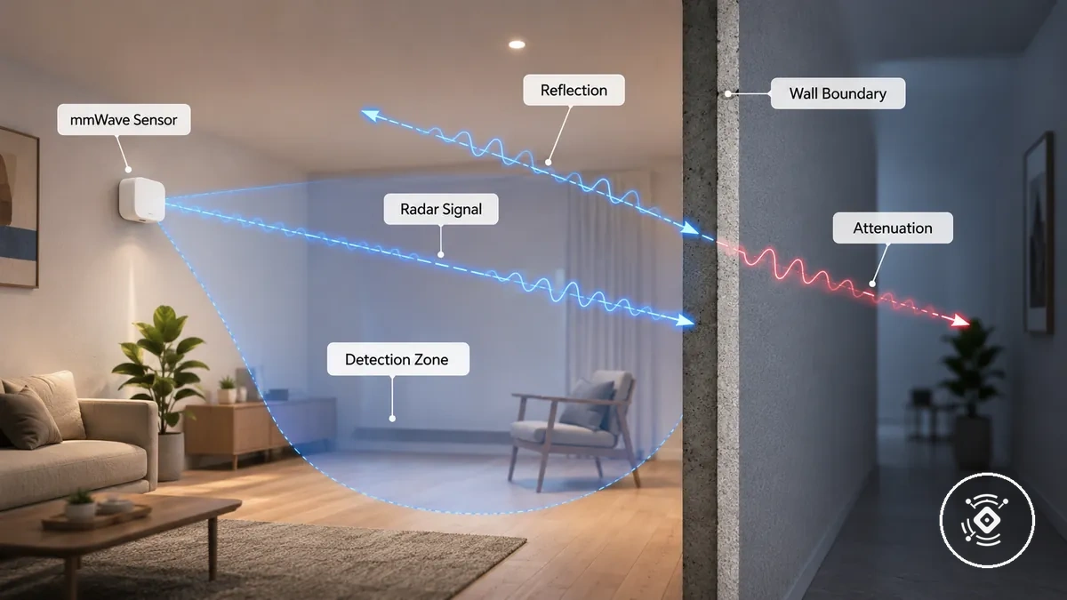 Diagrama do sinal de um sensor de presença mmWave interagindo com uma parede interna