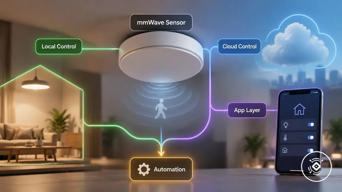 Sensor de presença mmWave mostrando caminhos de controle local, controle em nuvem e dependência de aplicativo