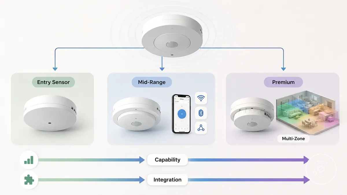 Diagrama comparando níveis de sensor de presença mmWave: entrada, intermediário e premium, por capacidade e nível de integração