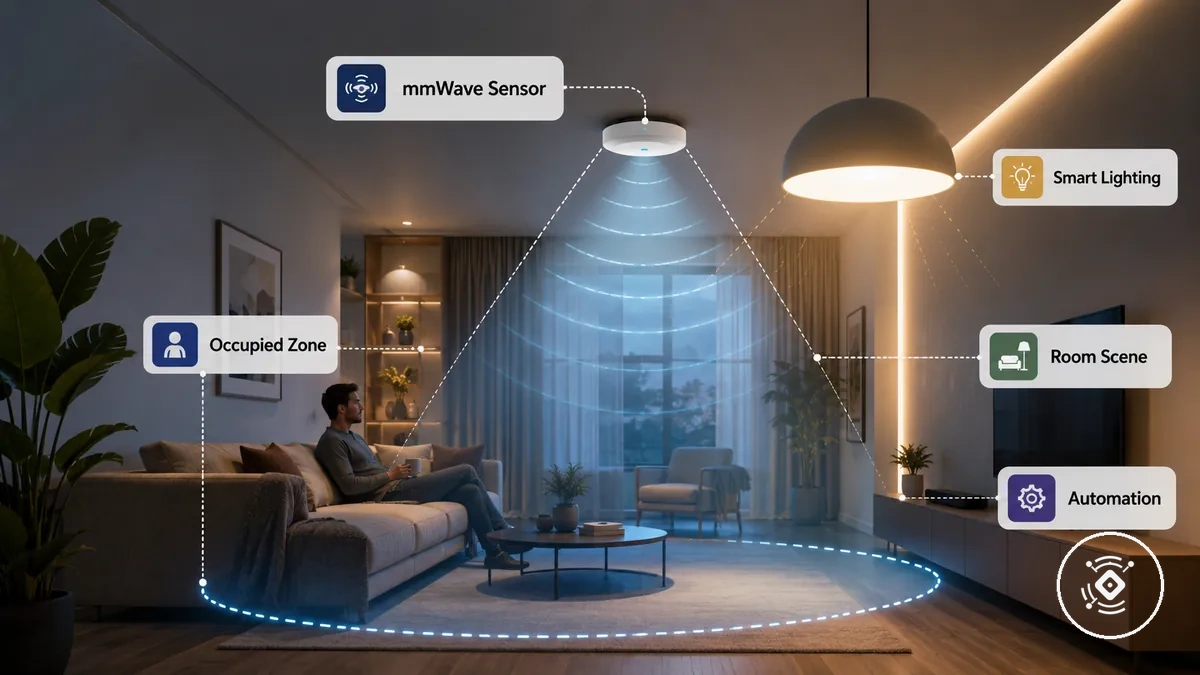 Sensor de presença mmWave controlando iluminação inteligente com zona ocupada e resposta de automação
