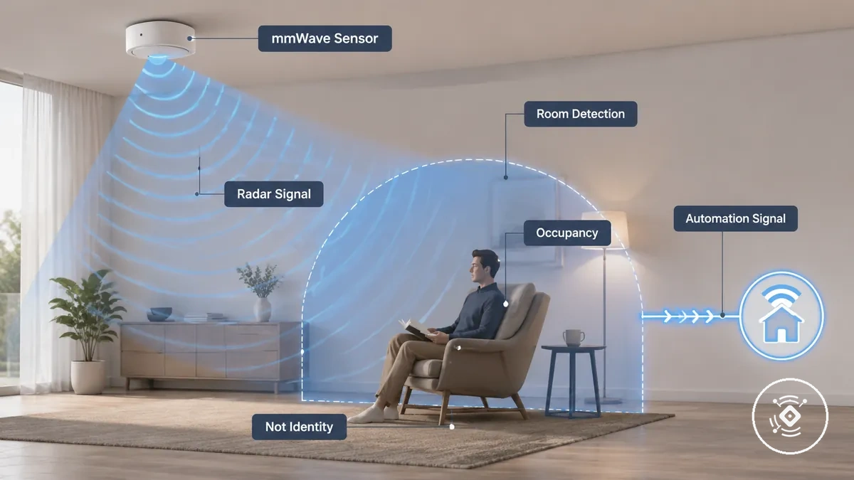 Diagrama de um sensor de presença mmWave mostrando detecção de ambiente e percepção de ocupação